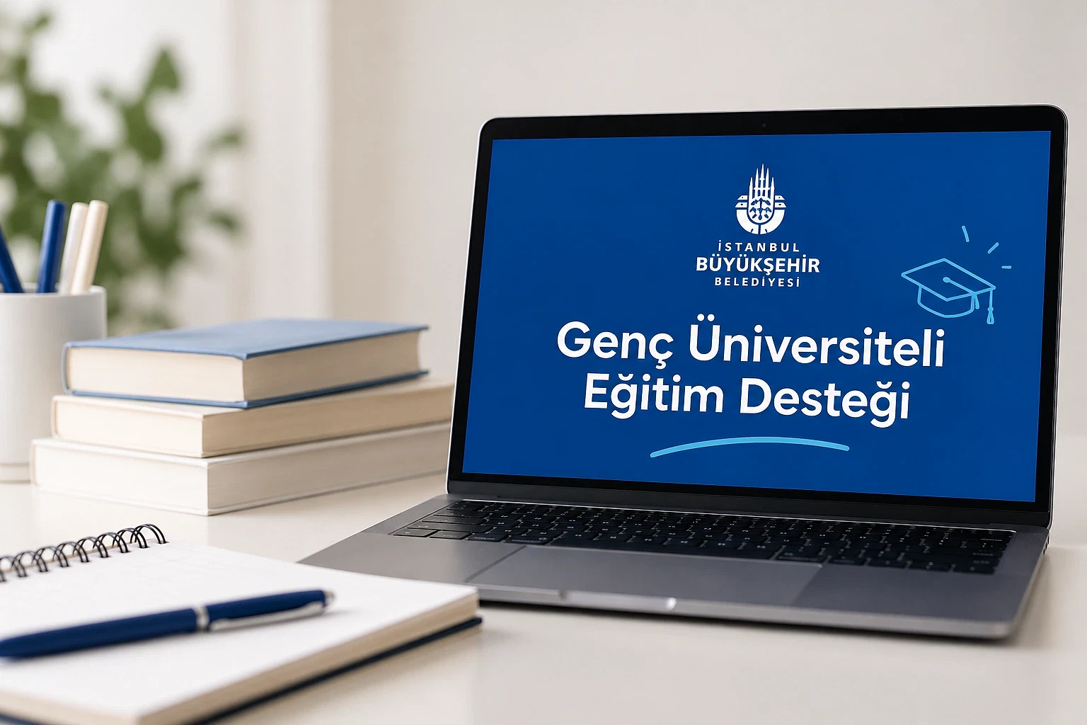 İBB Bursu 2026-2027 sonuçları ve sorgulama bilgileri İstanbul Büyükşehir Belediyesi Genç Üniversiteli Eğitim Desteği yazılı laptop görüntüsü.