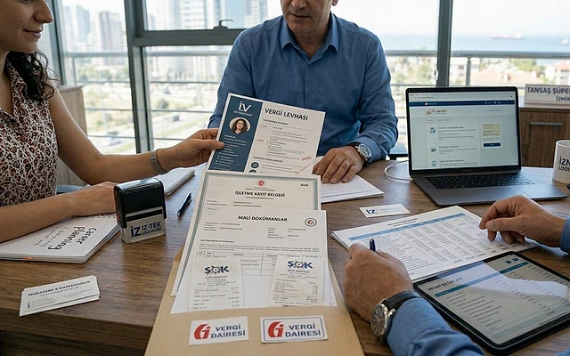 Vergi levhası rehberi ve alım süreci hakkında bilgi Vergi levhası ve belgelerin incelendiği bir ofis ortamı, bilgisayar ekranında vergi dairesi sitesi açık.