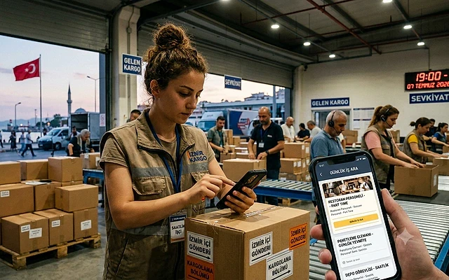 Günlük Yevmiyeli İş Fırsatları 2026 Günlük yevmiyeli iş fırsatlarını araştıran bir kadın, kargo merkezinde çalışıyor.
