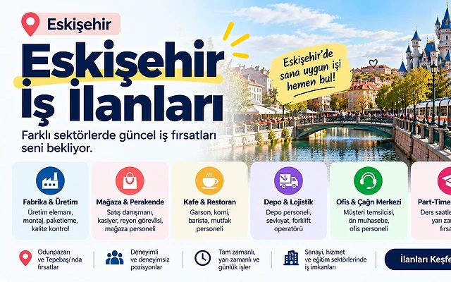 Eskişehir'deki güncel iş ilanlarını keşfedin Eskişehir'de farklı sektörlerde güncel iş fırsatlarını tanıtan kapak görseli.