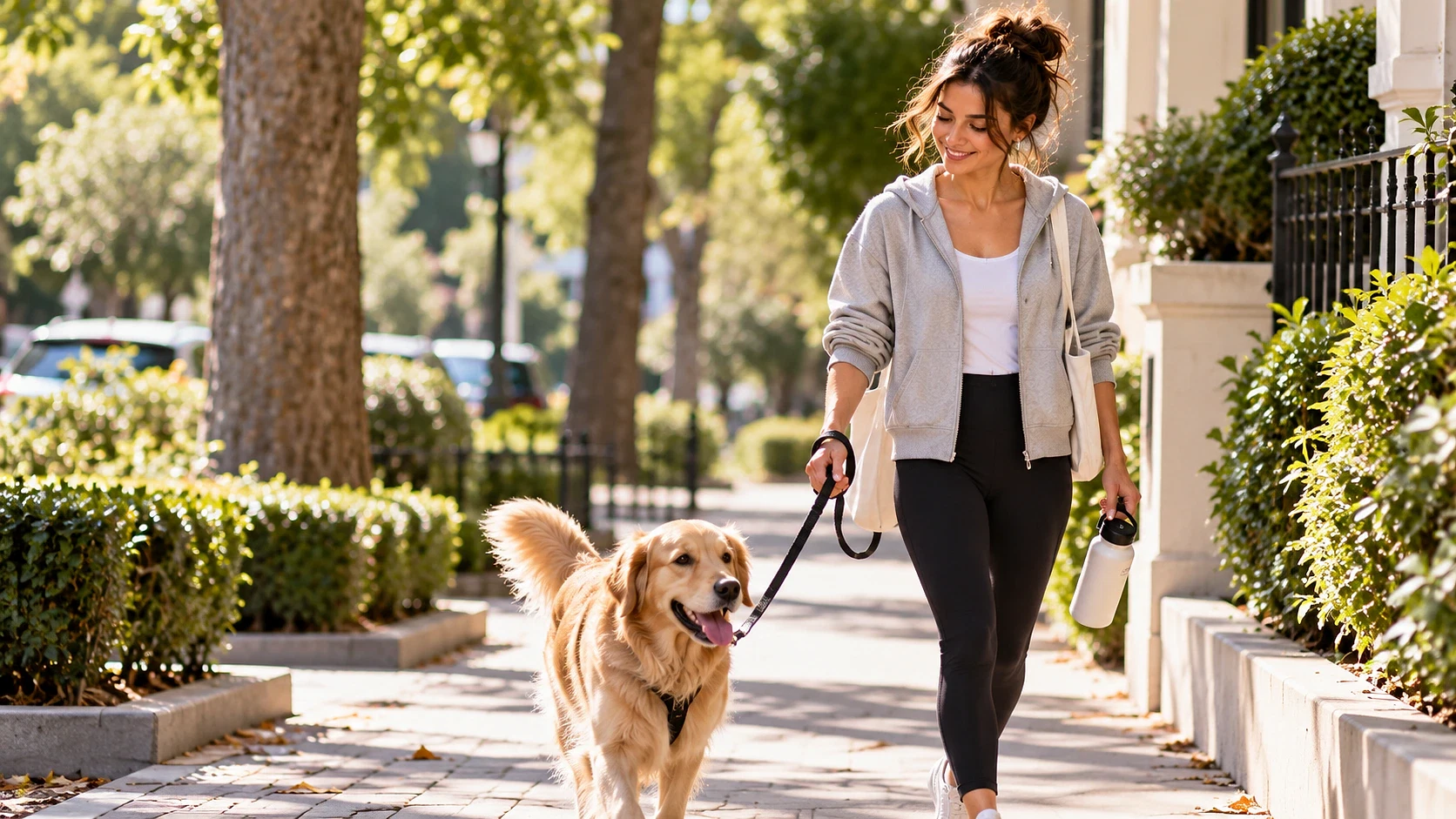 Köpek gezdiriciliği ile kazanç fırsatları Köpek gezdiricisi, parkta bir golden retriever ile yürüyüş yapıyor.