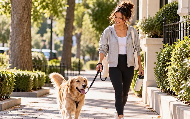 Köpek gezdiriciliği ile kazanç fırsatları Köpek gezdiricisi, parkta bir golden retriever ile yürüyüş yapıyor.