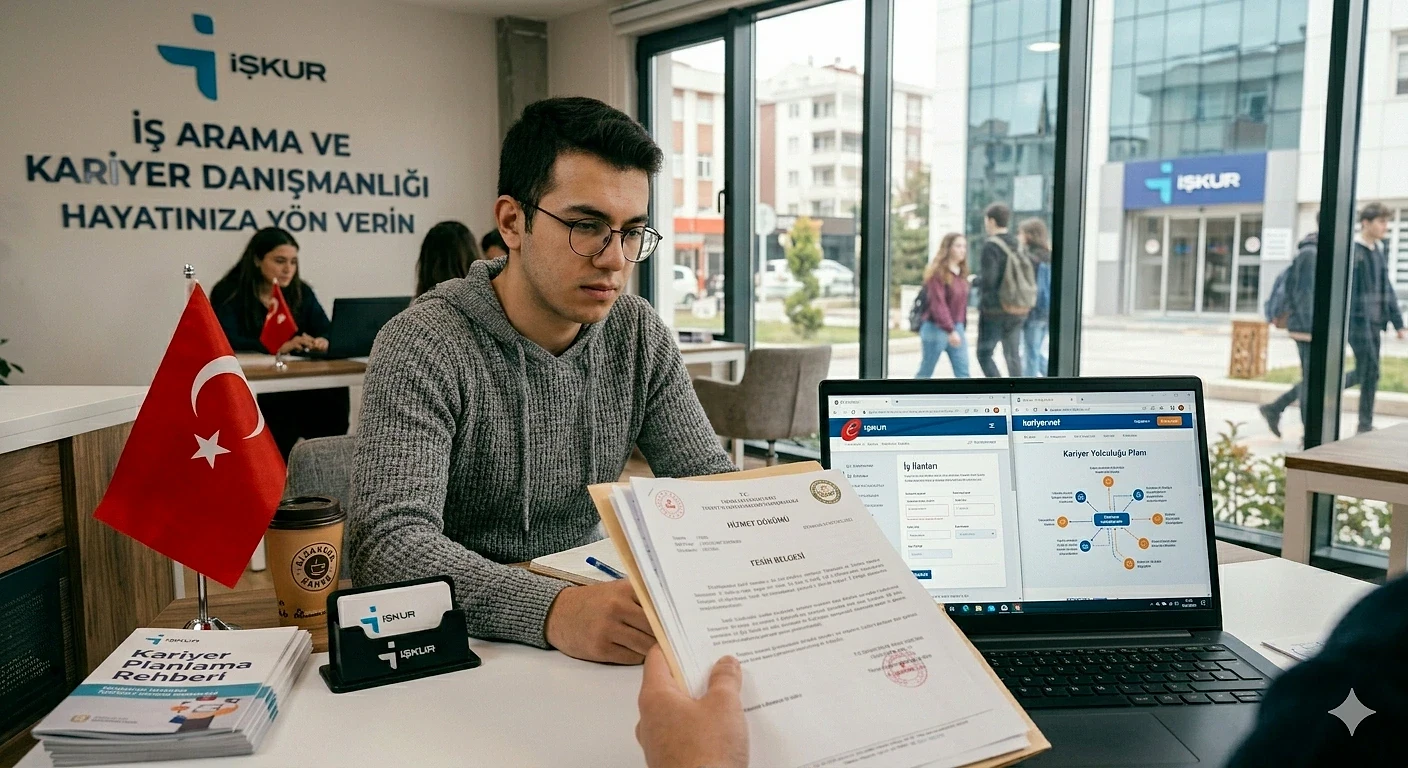 2026 stajyer maaşları hakkında bilgi Bir genç, iş görüşmesi sırasında belgeleri inceliyor. Arka planda ofis ortamı ve Türk bayrağı var.