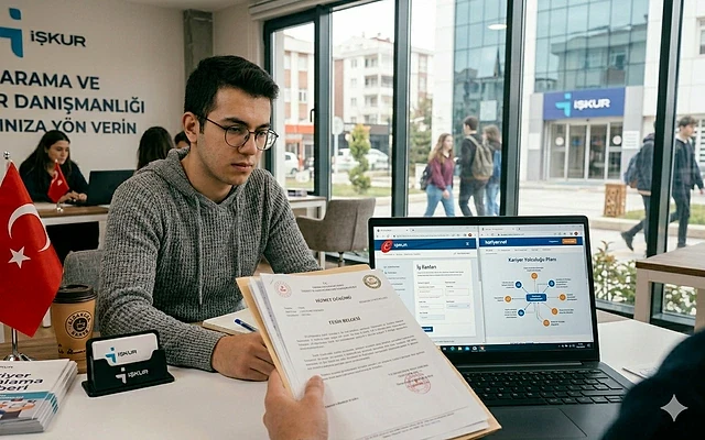 2026 stajyer maaşları hakkında bilgi Bir genç, iş görüşmesi sırasında belgeleri inceliyor. Arka planda ofis ortamı ve Türk bayrağı var.