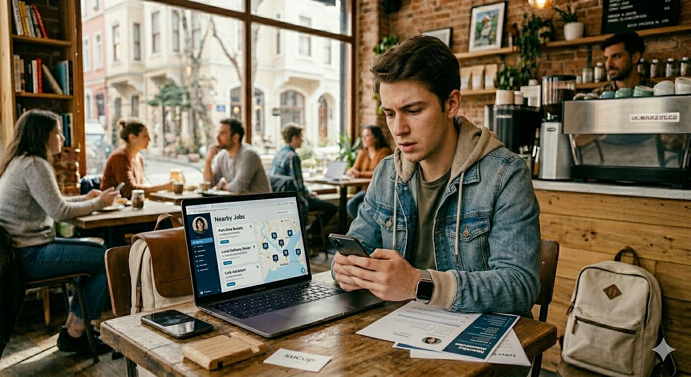 Kafede iş arayan genç profesyonel Kafede oturan bir genç, laptop ve telefon kullanarak iş arıyor.