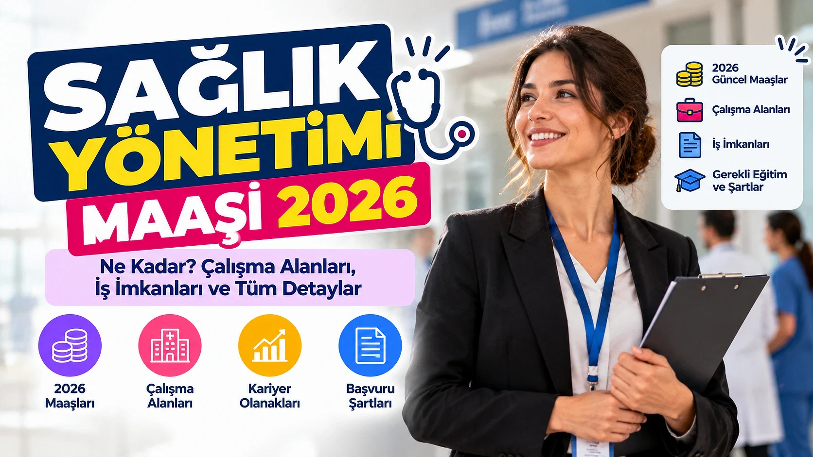 2026 Sağlık Yönetimi Maaşları ve İş İmkanları Sağlık yönetimi alanında çalışan bir kadın, hastane koridorunda gülümseyerek bilgi veriyor.