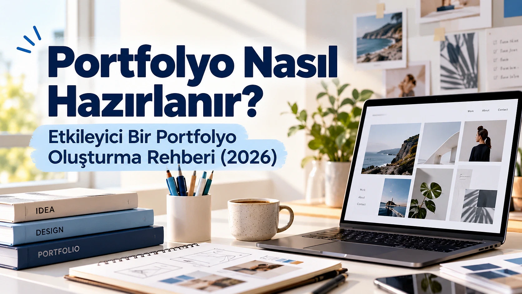 Portfolyo hazırlama rehberi için etkili ipuçları Modern bir çalışma alanında portfolyo hazırlama süreci, dizüstü bilgisayar ve notlar ile gösteriliyor.