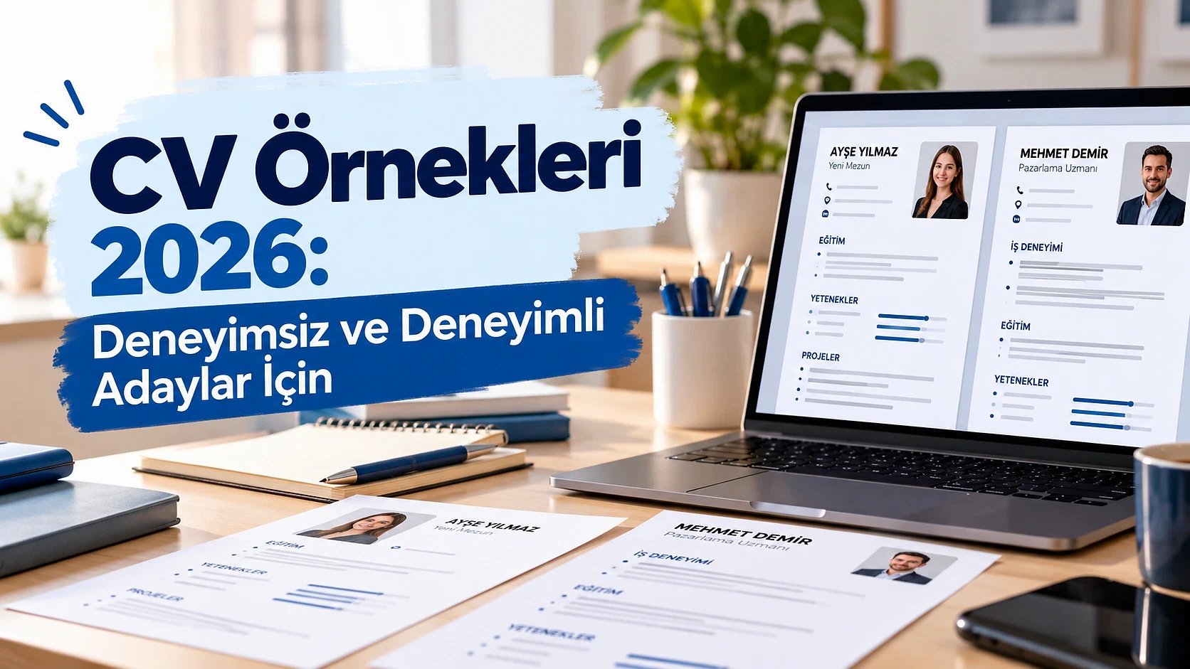 2026 CV örnekleri: Deneyimsiz ve deneyimli adaylar için 2026 yılına ait CV örnekleri, deneyimsiz ve deneyimli adaylar için tasarlanmış. Laptop üzerinde açık CV'ler yer alıyor.