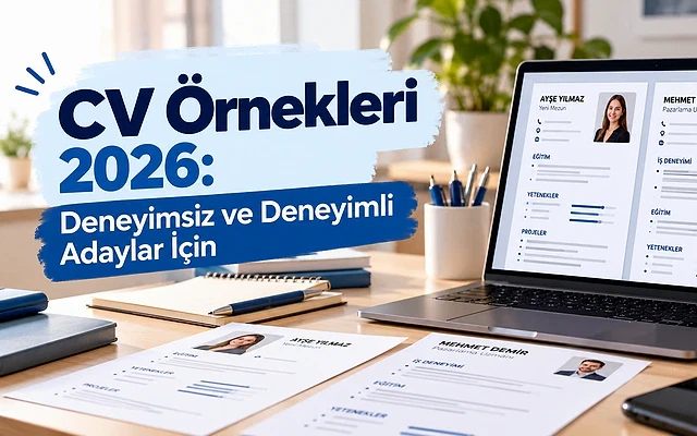 2026 CV örnekleri: Deneyimsiz ve deneyimli adaylar için 2026 yılına ait CV örnekleri, deneyimsiz ve deneyimli adaylar için tasarlanmış. Laptop üzerinde açık CV'ler yer alıyor.