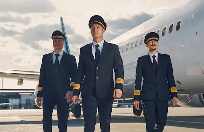 Pilot olma şartları ve eğitim süreci hakkında bilgi Üç pilot, bir uçağın önünde yürüyerek eğitim sürecine dair bilgi veriyor.