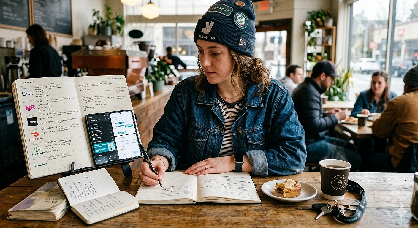 Kafe ortamında çalışma ve not alma Kafede çalışan bir kadın, defterine not alırken tablet kullanıyor.