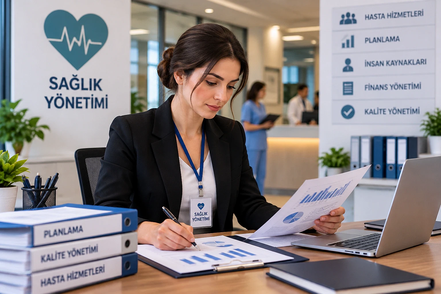 Sağlık Yönetimi ve Kariyer Fırsatları Sağlık yönetimi alanında çalışan bir kadın, belgeler üzerinde analiz yapıyor.