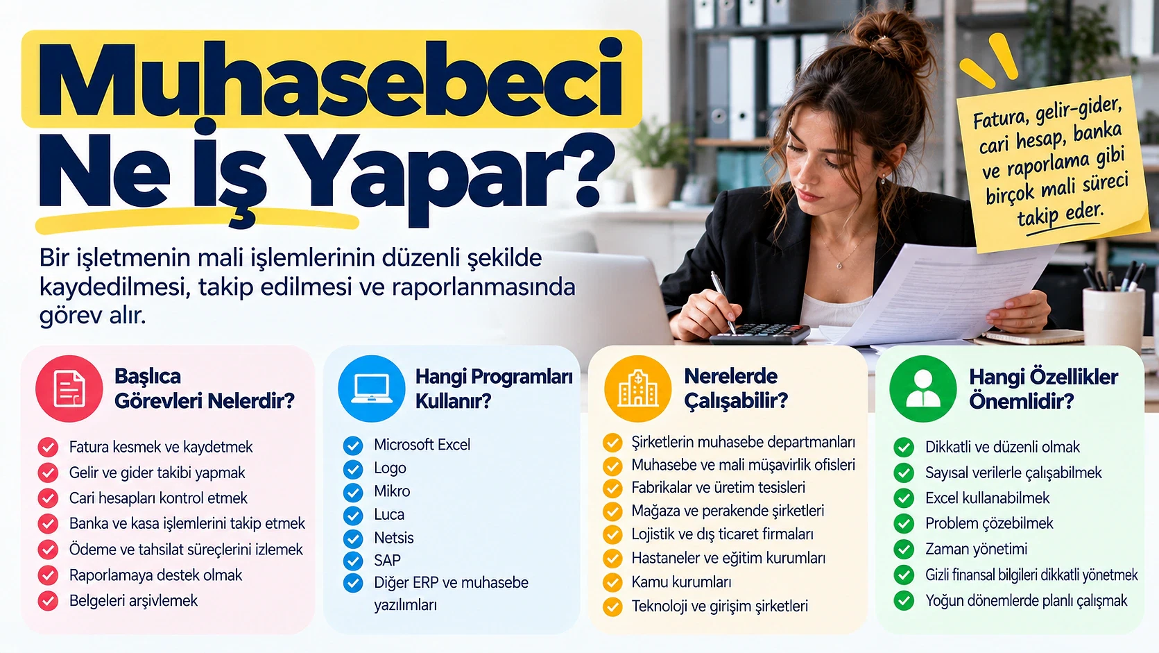 Muhasebeci görevleri ve çalışma alanları hakkında bilgi Muhasebecinin görevlerini, çalışma alanlarını ve iş tanımını açıklayan bir rehber görseli.