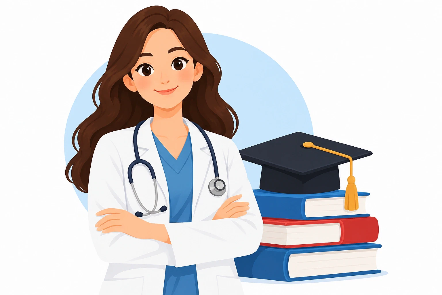 2026 Tıp Fakültesi Sıralamaları ve Taban Puanları Tıp fakültesi ile ilgili bir rehber için doktor figürü, kitaplar ve mezuniyet şapkası.