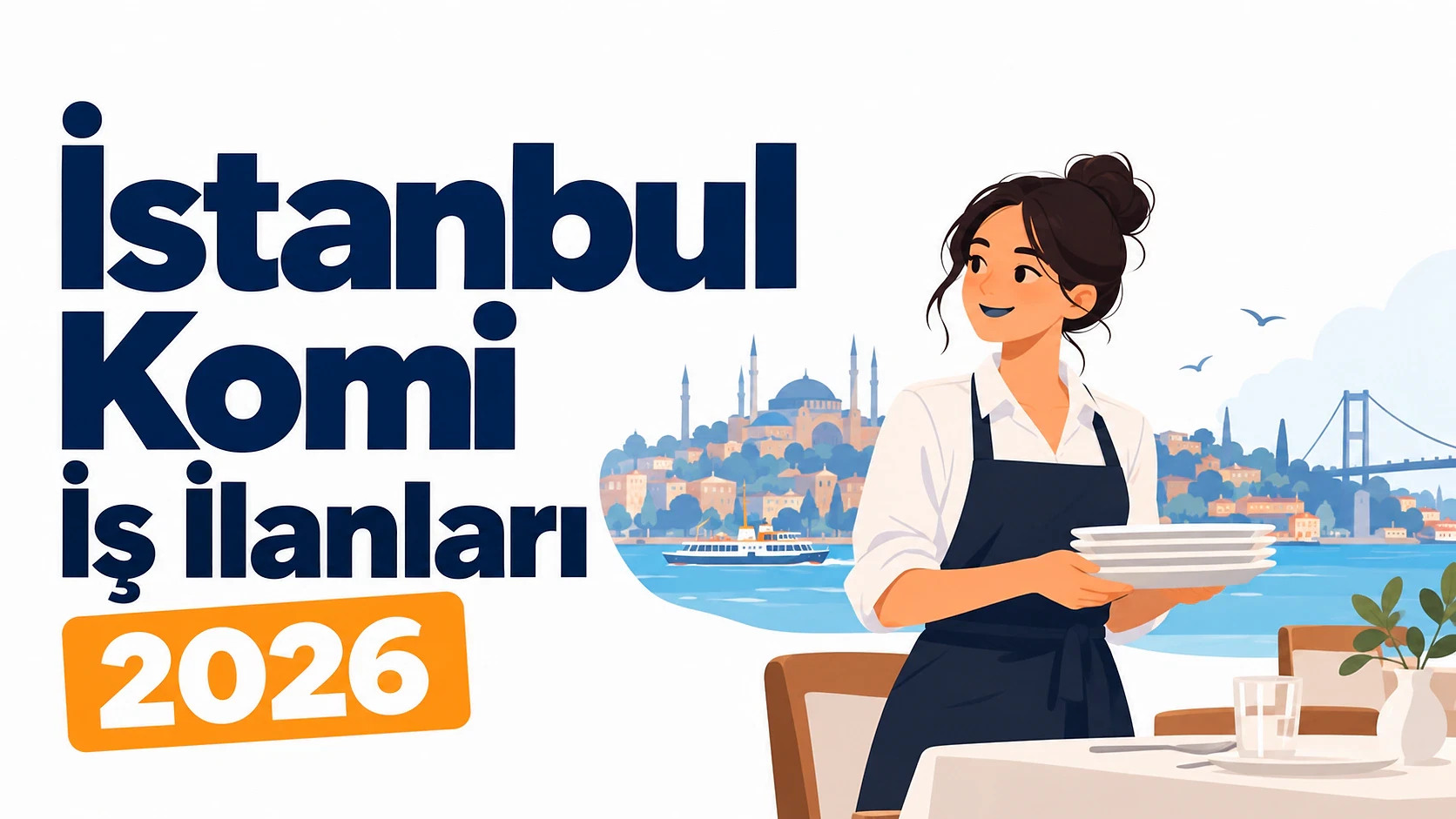 İstanbul komi iş ilanları ve başvuru rehberi İstanbul'da komi iş ilanlarını tanıtan bir illüstrasyon, genç bir kadın garson yemek servisi yapıyor.