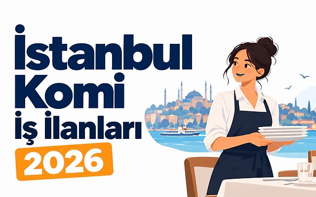 İstanbul komi iş ilanları ve başvuru rehberi İstanbul'da komi iş ilanlarını tanıtan bir illüstrasyon, genç bir kadın garson yemek servisi yapıyor.