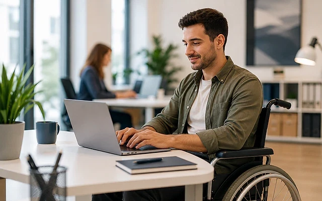 Engelli iş ilanları ve kariyer fırsatları Engelli bireylerin kariyer fırsatlarını keşfettiği bir ofis ortamı.