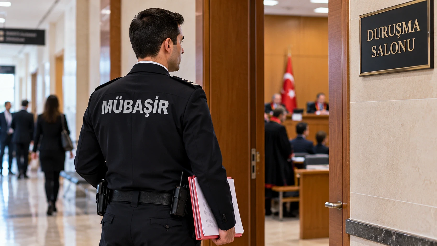 Mübaşir hakkında detaylı bilgi ve kariyer rehberi Mübaşir üniforması giymiş bir kişi, duruşma salonuna doğru ilerliyor.