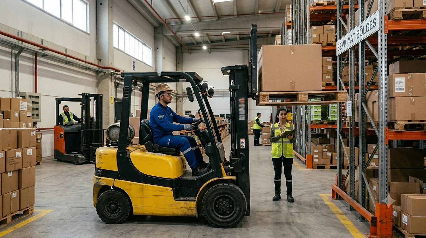 Forklift operatörlüğü hakkında detaylı rehber Depo alanında forklift kullanan operatör ve yükleme işlemi yapan çalışan.