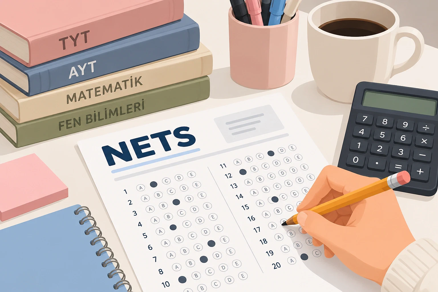 2026 YKS net hesaplama rehberi YKS net hesaplama için kalemle işaretlenen test kağıdı, kitaplar ve hesap makinesi.