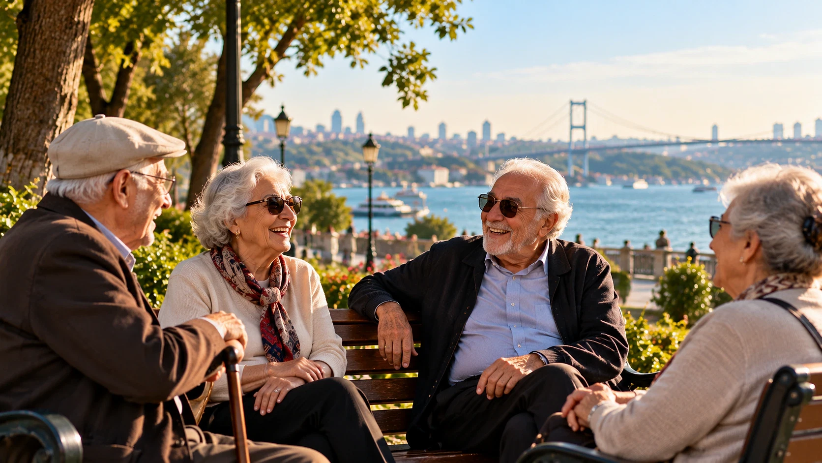 Emekliler için uygun işler rehberi 2026 Parkta oturan emekliler, neşeli bir şekilde sohbet ediyorlar. Arka planda köprü manzarası var.