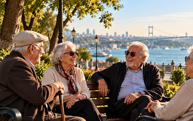 Emekliler için uygun işler rehberi 2026 Parkta oturan emekliler, neşeli bir şekilde sohbet ediyorlar. Arka planda köprü manzarası var.