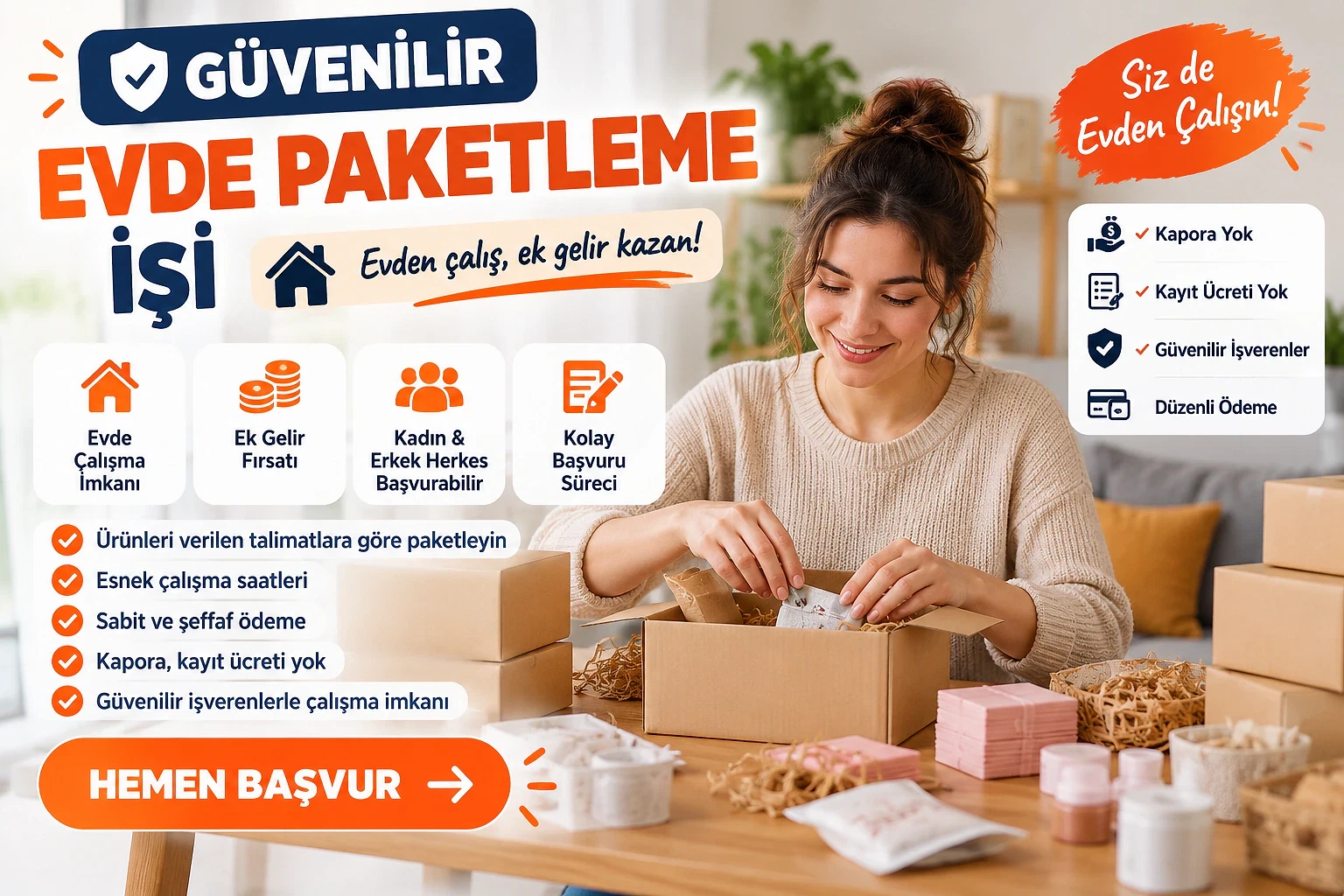 Evde paketleme işi için güvenilir başvuru rehberi Evde paketleme işi ile ilgili fırsatlar ve başvuru detayları sunan bir kadın, kutularla çalışıyor.
