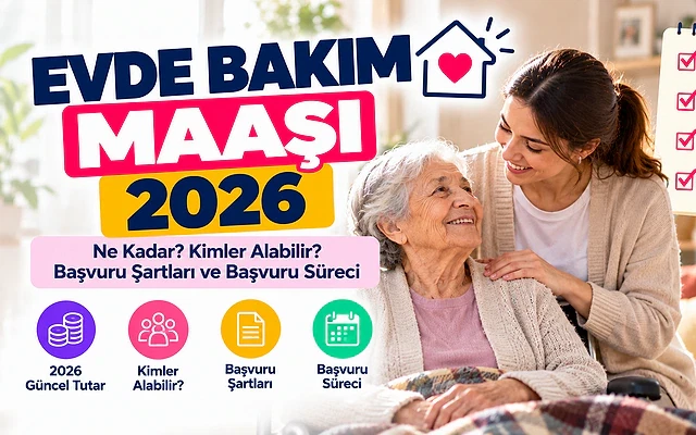 Evde bakım maaşı 2026 güncel bilgileri Evde bakım maaşı hakkında bilgi veren bir kapak görseli, yaşlı kadın ve genç kadın birlikte.