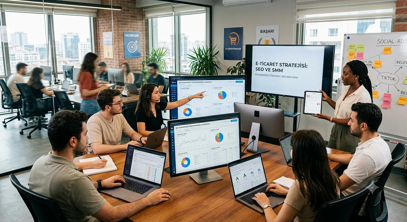 Dijital pazarlama ve e-ticarette geleceğin işleri Dijital pazarlama ve e-ticaret stratejileri üzerine çalışan bir ekip, grafikler ve verilerle dolu ekranlar etrafında toplanmış.