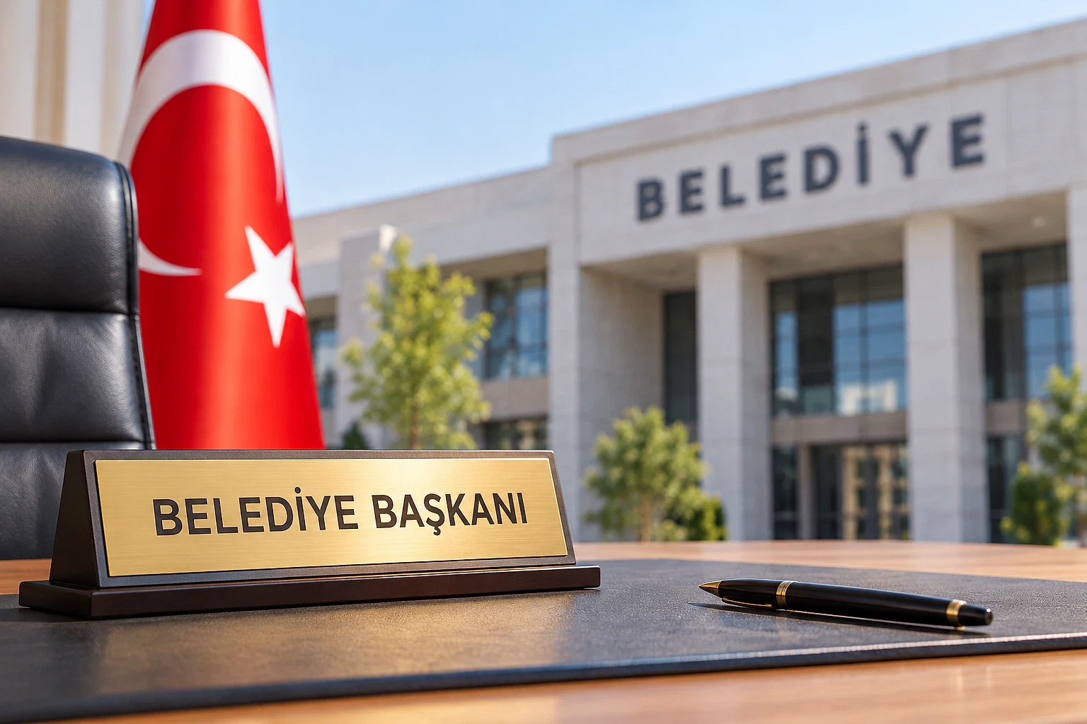 2026 Belediye Başkanları Maaşları Hakkında Bilgiler Belediye başkanlığı ofisinde masa, kalem ve Türk bayrağı ile birlikte 'Belediye Başkanı' ismi plakasının yer aldığı bir görüntü.