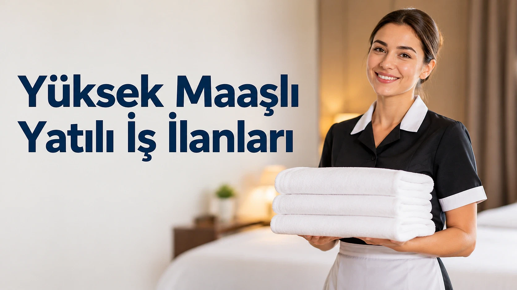 Yatılı iş fırsatları ve başvuru şartları Yüksek maaşlı yatılı iş ilanları için konaklama fırsatlarını tanıtan bir kadın, havlular tutuyor.