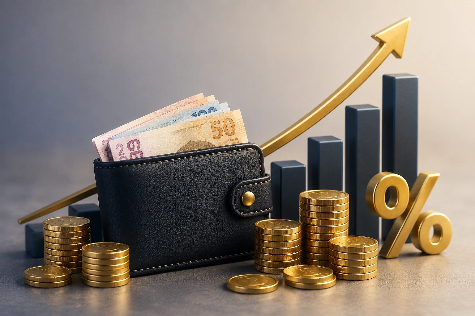 2026 maaş güncellemeleri ve meslek kazançları Cüzdan içinde para ve yanındaki altın paralarla büyüyen grafik.