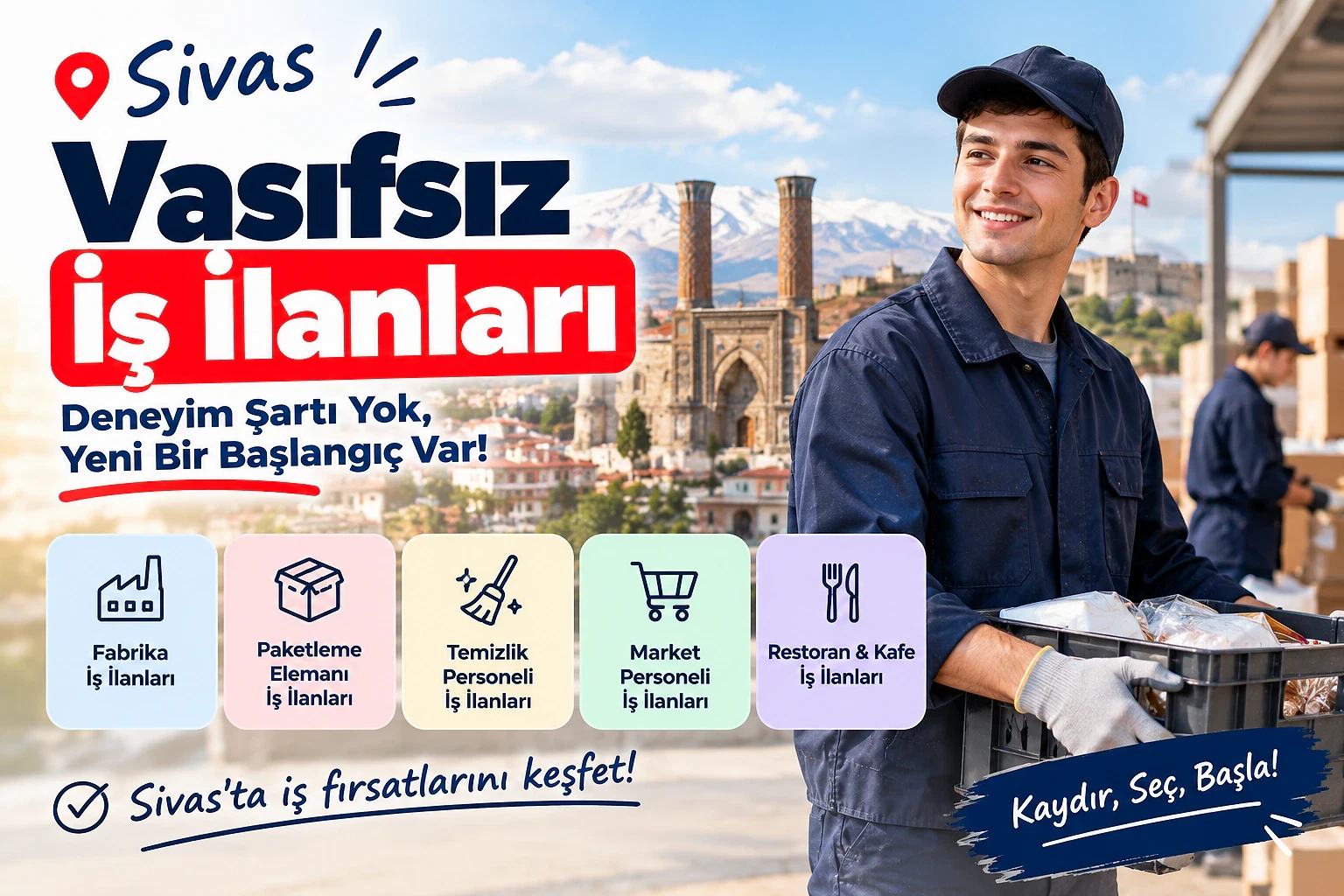Sivas'ta vasıfsız iş ilanları ve fırsatlar Sivas'ta vasıfsız iş ilanları, fabrika, paketleme, temizlik, market ve restoran fırsatları sunuyor.