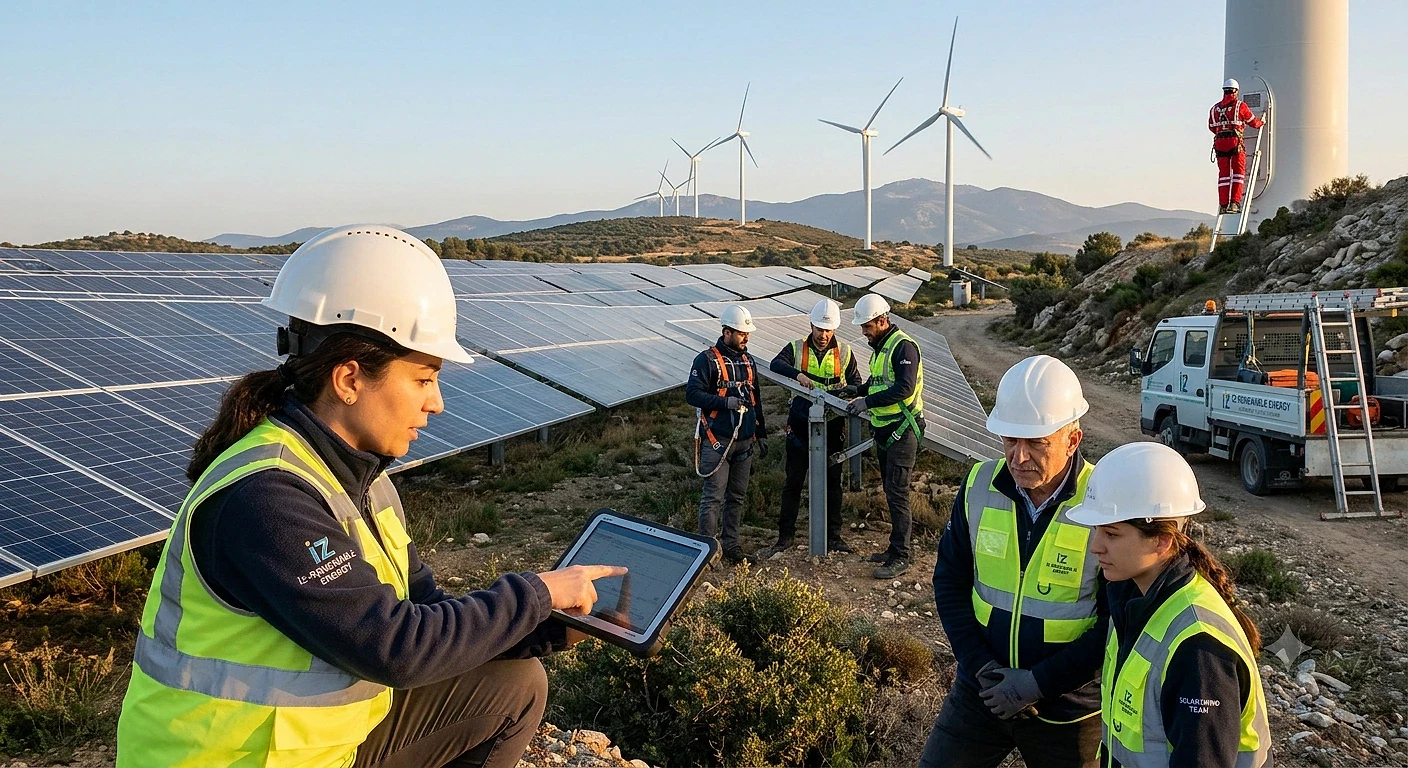 Yeşil enerji sektöründe kariyer fırsatları Güneş panelleri ve rüzgar türbinleri arasında çalışan profesyoneller, sürdürülebilir enerji projeleri üzerinde çalışıyor.