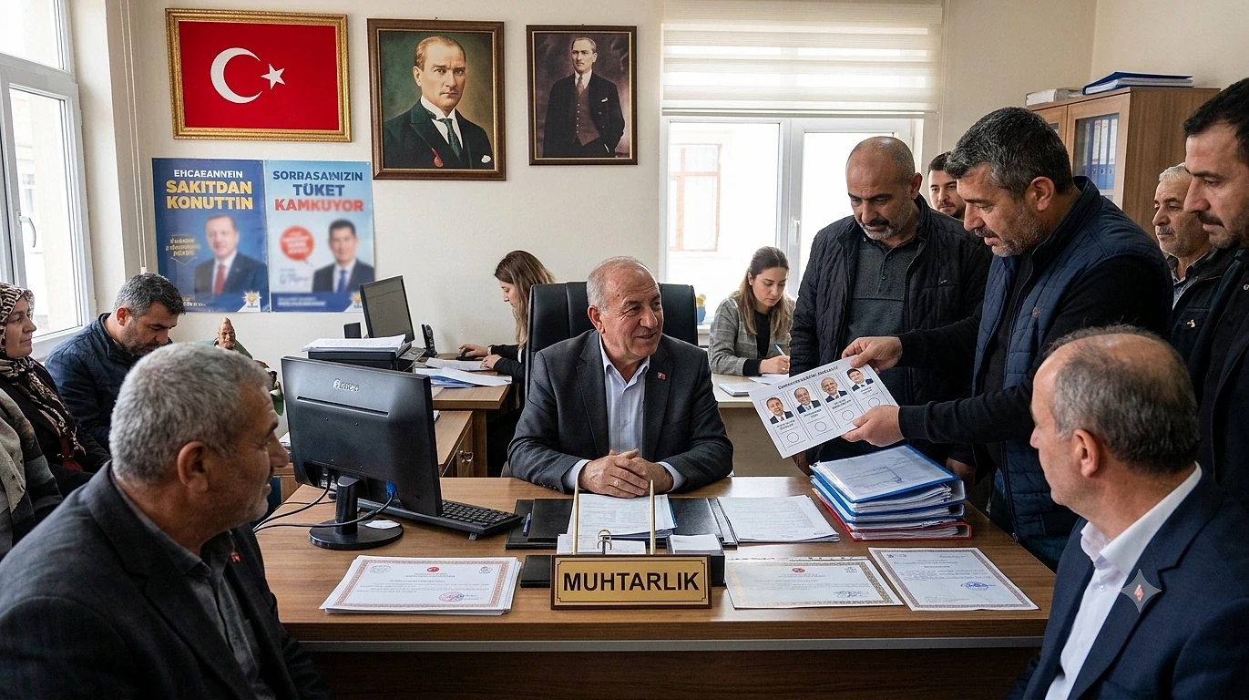 Muhtar olma şartları ve başvuru süreci hakkında bilgi Muhtarlık ofisinde muhtar ve vatandaşlar, muhtar olma şartlarını tartışıyor.