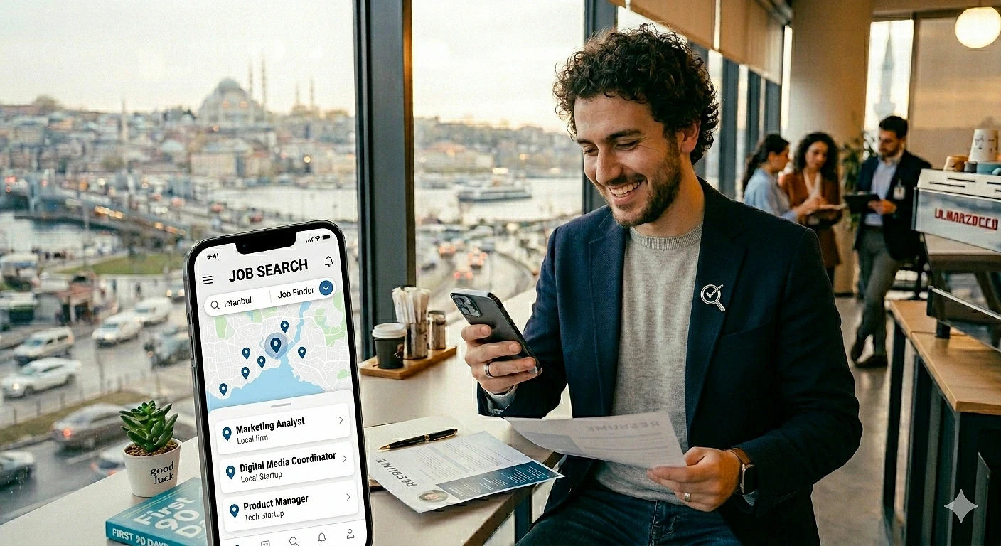 İş arama sürecine dair ipuçları ve rehber İstanbul'da bir kafede iş arayan genç bir adam, telefonunda iş ilanlarını inceliyor.