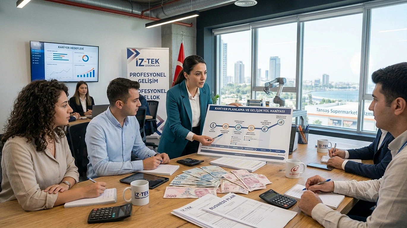 Kariyer planlaması rehberine dair önemli bilgiler Kariyer planlaması üzerine bir sunum yapan kadın, toplantı odasında ekip ile birlikte. Arka planda şehir manzarası.