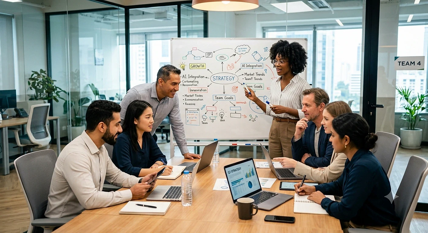 Takım çalışması ve liderlik üzerine etkili stratejiler Ofis ortamında bir grup profesyonel, takım çalışması ve liderlik konularında beyin fırtınası yapıyor.