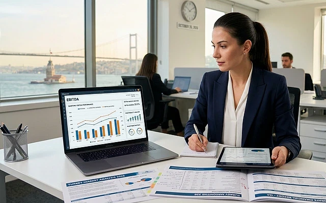 FAVÖK hesaplama ve anlamı hakkında rehber Finansal analiz yapan bir kadın, bilgisayar ekranında grafik ve tablolar inceliyor.