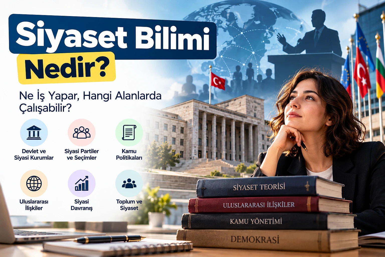 Siyaset Bilimi: İş İmkânları ve Maaşlar 2026 Siyaset bilimi üzerine bir blog kapak görseli, kitaplar ve düşünceli bir kadın ile birlikte siyasal simgeler.