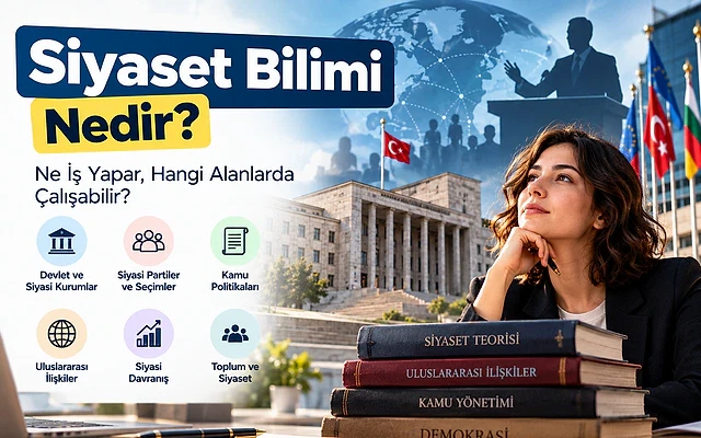 Siyaset Bilimi: İş İmkânları ve Maaşlar 2026 Siyaset bilimi üzerine bir blog kapak görseli, kitaplar ve düşünceli bir kadın ile birlikte siyasal simgeler.