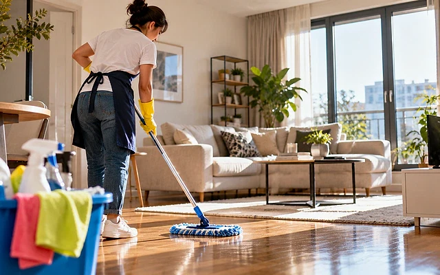 Sakarya'da temizlik işleri için ilanlar ve fırsatlar Ev temizliği yapan bir kadın, parkeye mop ile temizlik yapıyor. Arka planda modern bir oturma odası var.