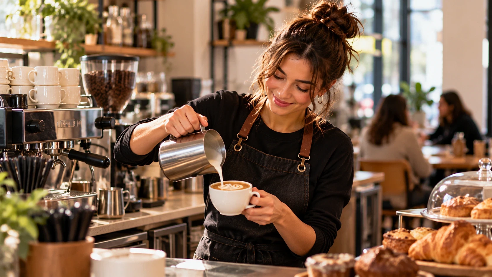 Ek gelir kazanmanın yolları Kahve dükkanında latte sanatı yapan genç kadın, ek gelir fırsatlarını simgeliyor.