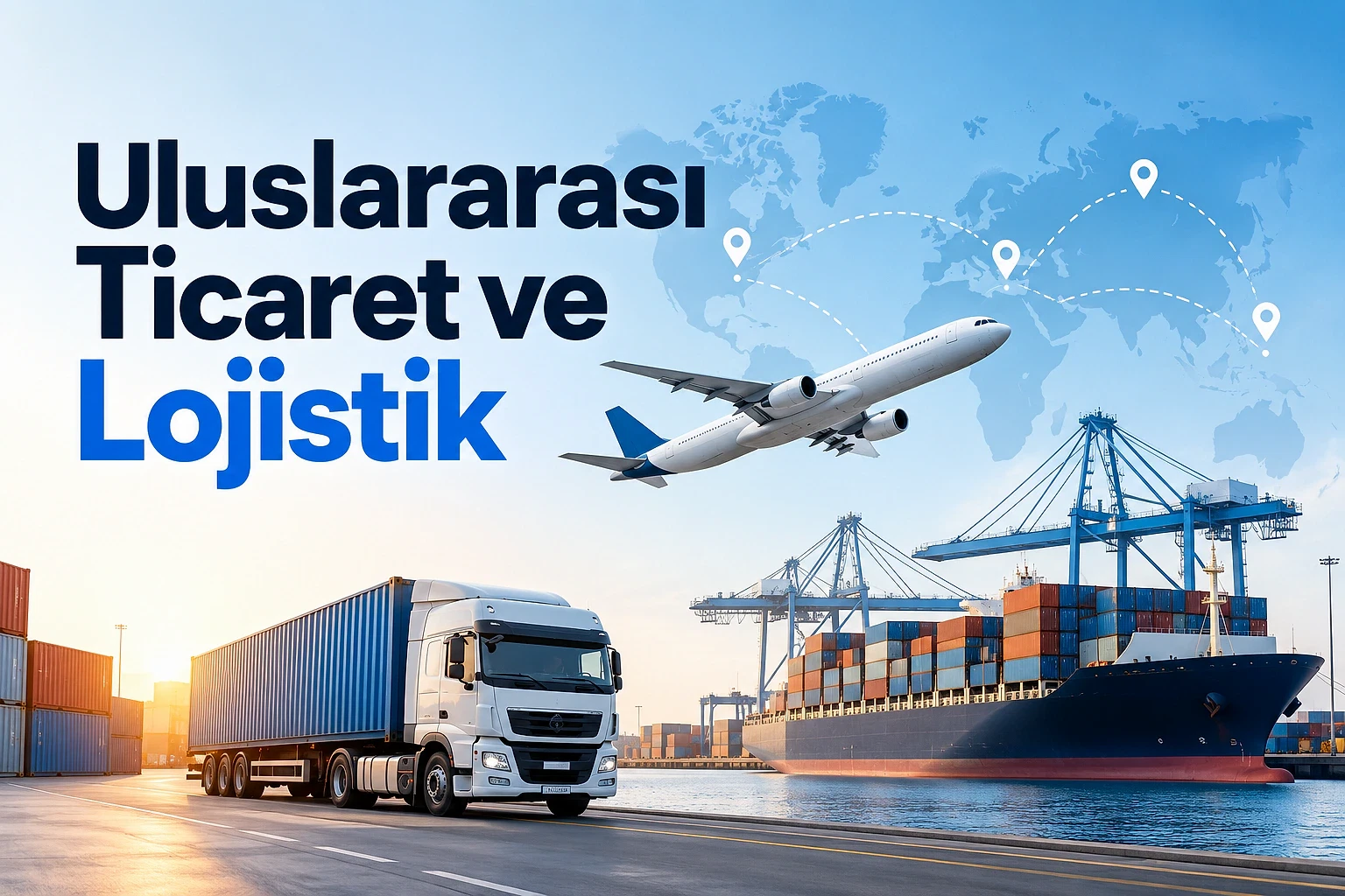 Uluslararası ticaret ve lojistik kariyer rehberi Uluslararası ticaret ve lojistik alanında bir gemi, kamyon ve uçak ile küresel harita.