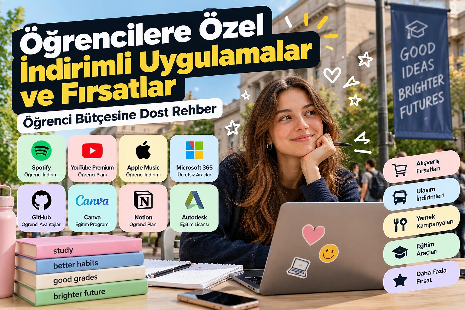Öğrenci bütçesine dost indirimler ve fırsatlar Öğrencilere özel indirimler ve fırsatlar sunan uygulamaların yer aldığı bir rehber görseli.