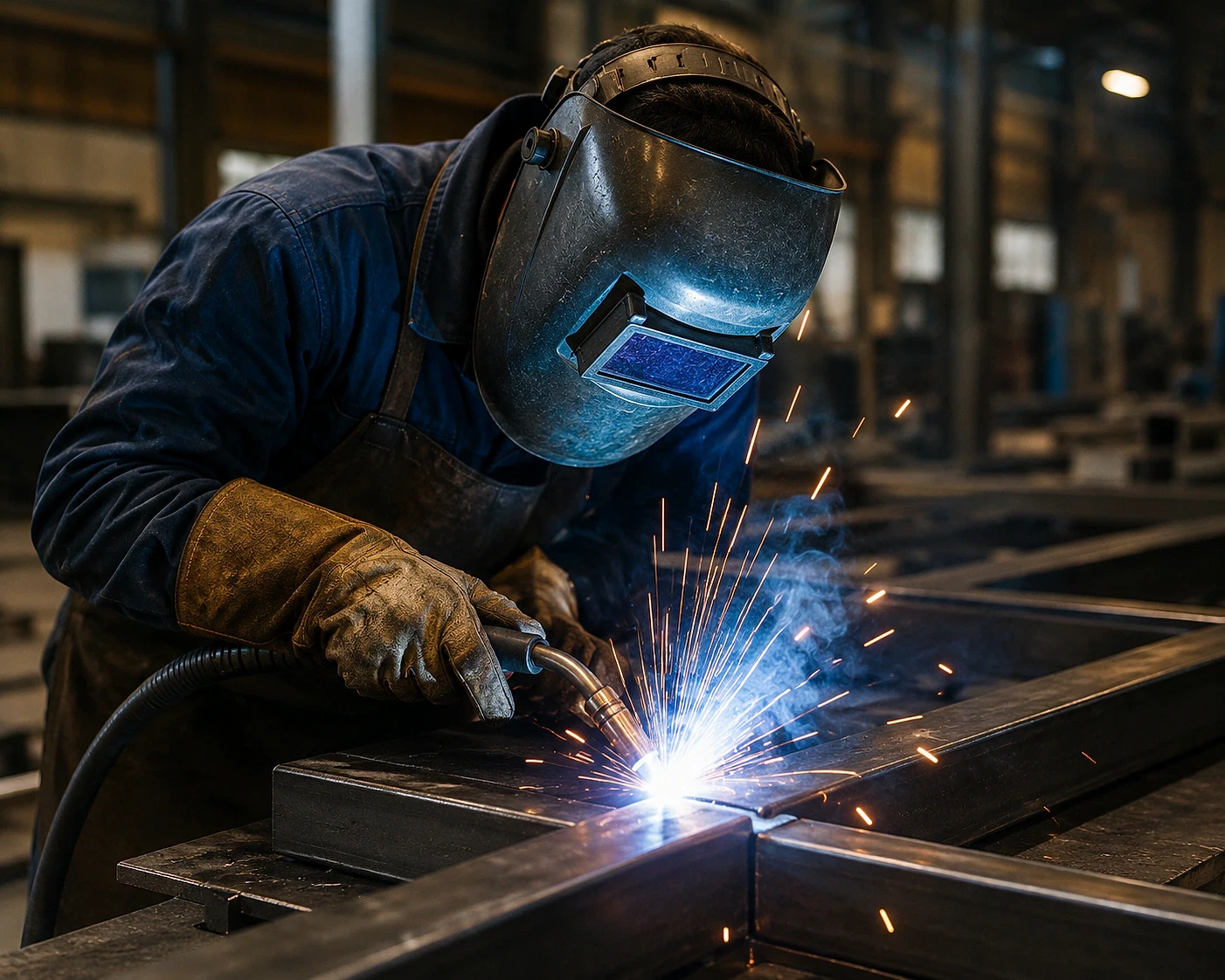 Kaynakçı olmanın yolları ve gereklilikleri Kaynak işlemi yapan bir işçi, metal parçaları birleştiriyor ve kıvılcımlar çıkıyor.