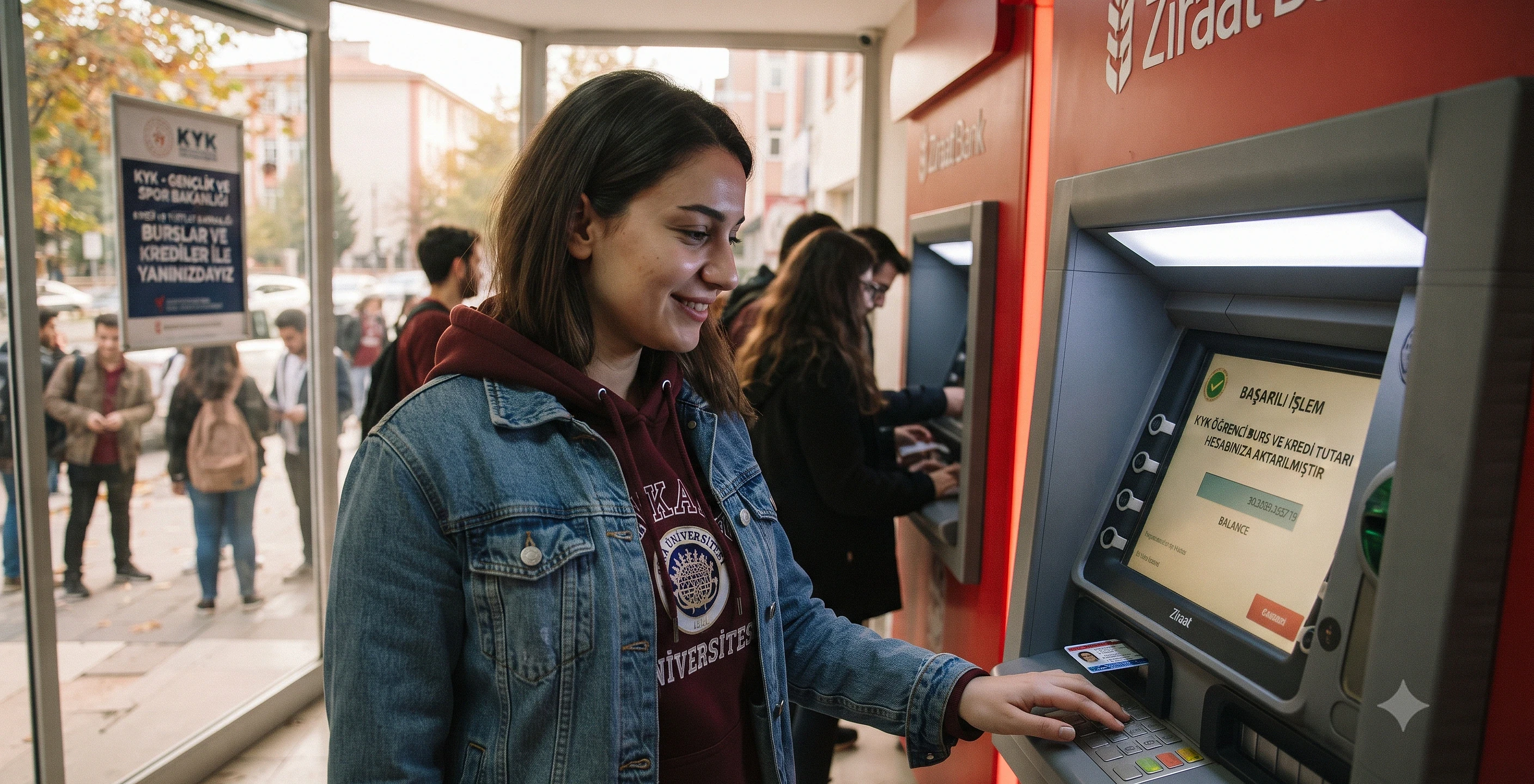 KYK burs ve kredi başvuru tarihleri hakkında bilgi Öğrenci, Ziraat Bankası ATM'sinde işlem yaparken gülümsüyor. Arkada KYK duyurusu var.