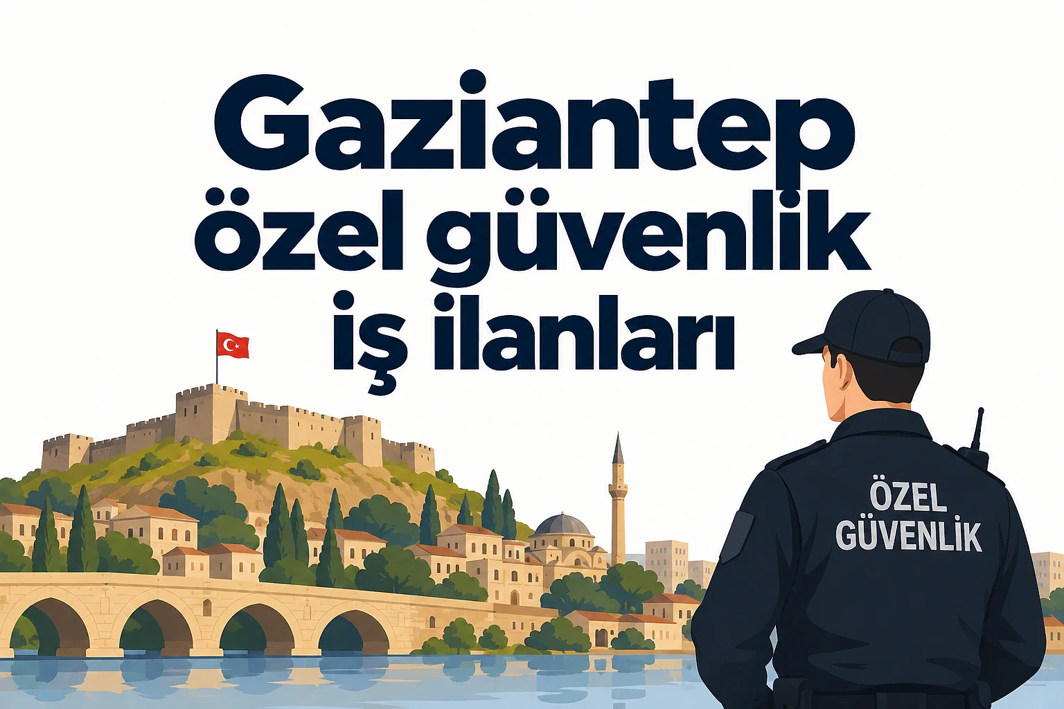 Gaziantep'teki güvenlik iş ilanları ve fırsatları Gaziantep'te bir güvenlik görevlisi, tarihi bir köprü ve şehir manzarası arka planda.