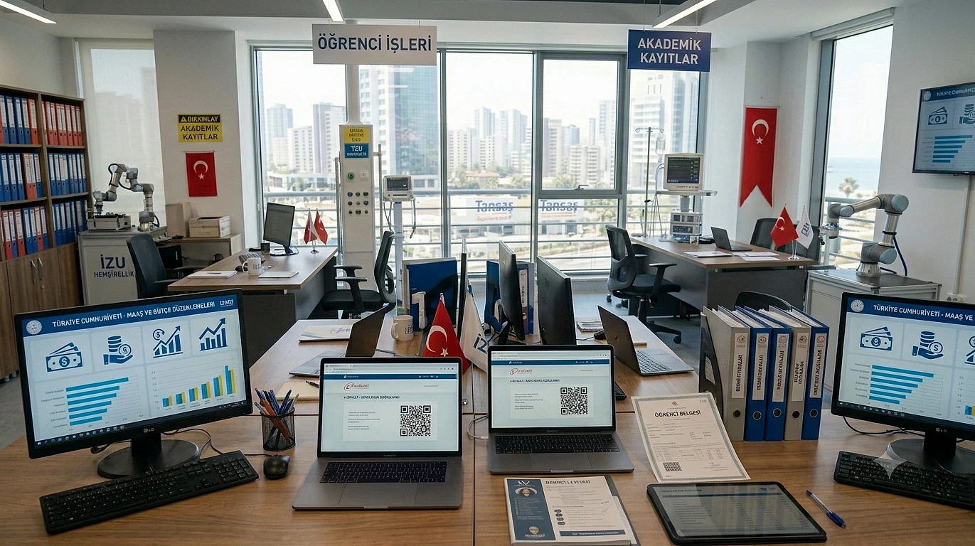 Barkodlu belge alma sürecini anlatan rehber Modern bir ofiste bilgisayarlar ve belgelerle düzenli bir çalışma alanı, e-Devlet hizmetleri için uygun ortam.