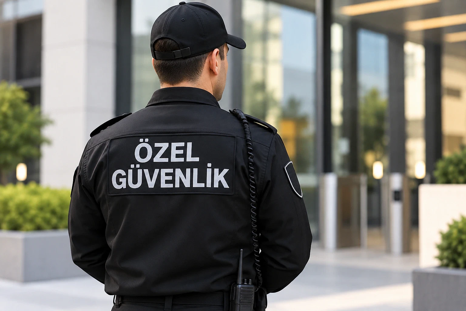 2026 Özel Güvenlik İş İlanları ve Fırsatlar Özel güvenlik görevlisi, modern bir binanın önünde duruyor.